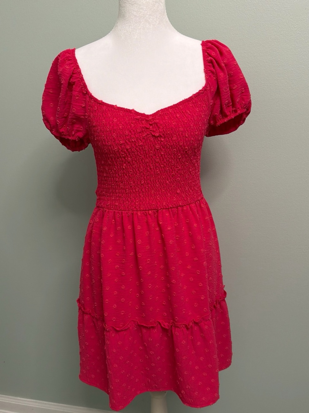 Red Smocked Puff-Sleeve Mini Dress
